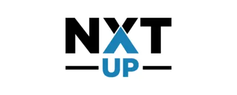 Bold black letters "NXT" with bold blue text "UP" below and between black lines.