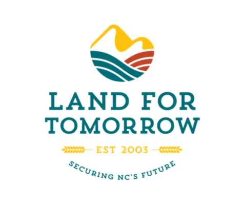 Logo featuring stylized mountains and fields, text "LAND FOR TOMORROW EST 2003 SECURING NC'S FUTURE," on white background.