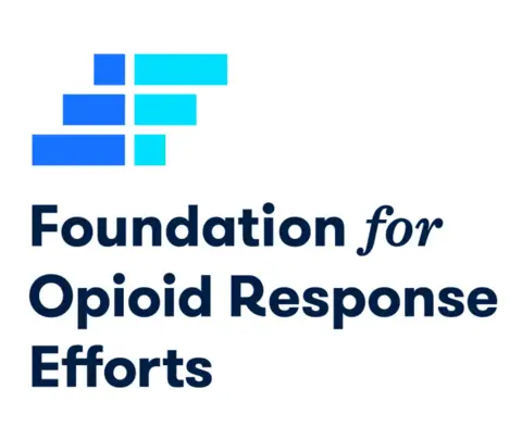 Abstract geometric icon featuring blue blocks above text reading "Foundation for Opioid Response Efforts" on white background.