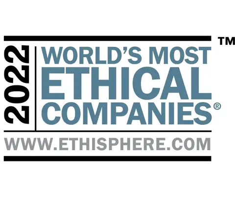 Logo reads "2022 WORLD'S MOST ETHICAL COMPANIES®. WWW.ETHISPHERE.COM" with a simple black and blue design.