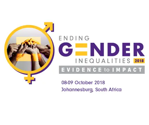 Hands tied together with yellow ribbon. "Ending Gender Inequalities 2018: Evidence to Impact. 08-09 October 2018, Johannesburg, South Africa."