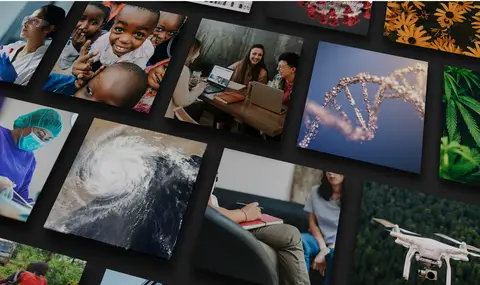 A collage of diverse images showcases healthcare, nature, technology, and human connection.