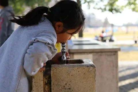 Child drinking from water fountain