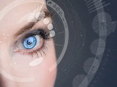 Eye with data and futuristic technology.