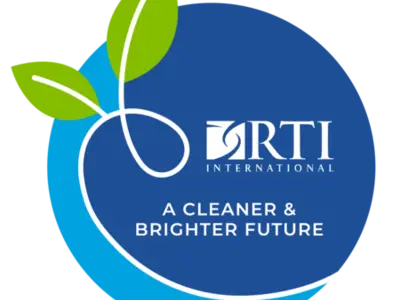 Circular logo featuring green leaves, text promoting a cleaner, brighter future while incorporating blue and white elements.