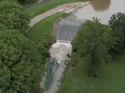 Dam overtopping aerial view