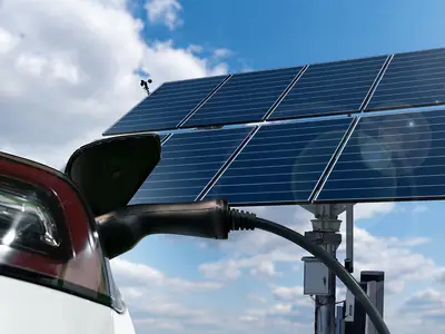 Electric car charing. Solar panels. 