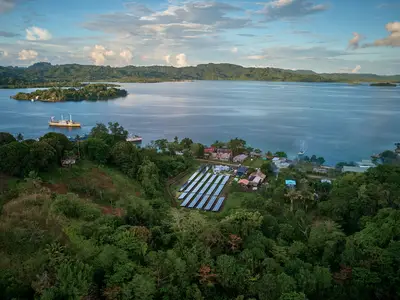 Picture of lake and solar panels 