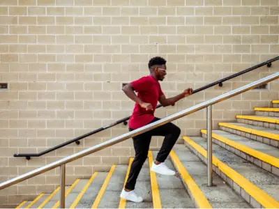 Man running up stairs