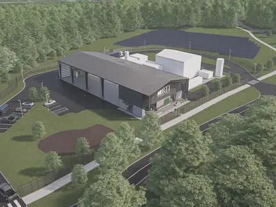 Graphic drawing of new RTI Pilot Xcelerator. Large building with open space and field with solar panels.