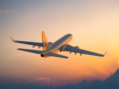 Plane flying with twilight backdrop