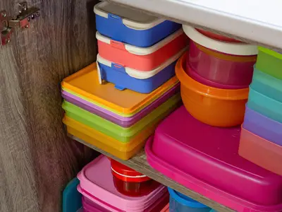 Various colors of plastic food containers