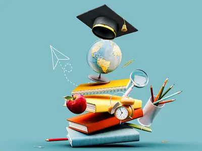 Books, pencils, a globe, and a graduation cap on a blue background.