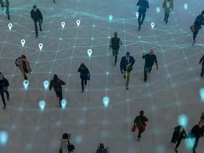 Abstract illustration of people wandering across a grid.