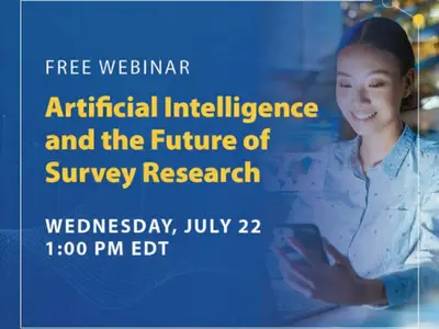 Webinar graphic for "Artificial Intelligence and the Future of Survey Research" on Wednesday, July 23 at 1pm ET