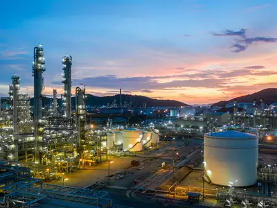 Energy facility at sunset