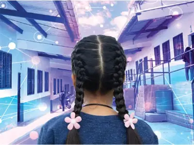young girl looking at world with a new perspective through learning