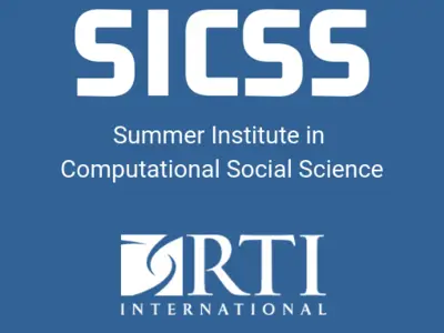 Text "SICSS Summer Institute in Computational Social Science RTI International" on a blue background.