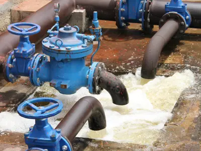 Water flows through a series of pipes at a treatment plant.