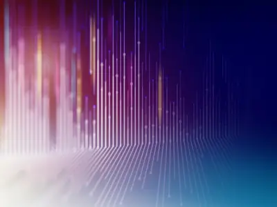 Vertical lines descending, glowing against a gradient purple-to-blue background, creating an abstract digital effect.