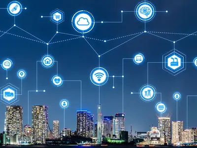 An illustration of a nighttime cityscape overlaid with symbols suggesting the flow of data.