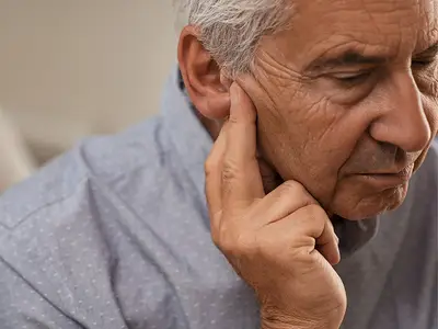 A senior white man looks down and points to his ear, as if he is having trouble hearing.