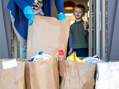 A delivery person brings bags of groceries to a family's front steps, while a boy watches from inside the door.