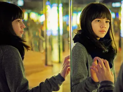 A young woman shown from two angles touching a mirror
