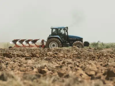 Long-distance view of two farmers riding a tractor through a grain field.