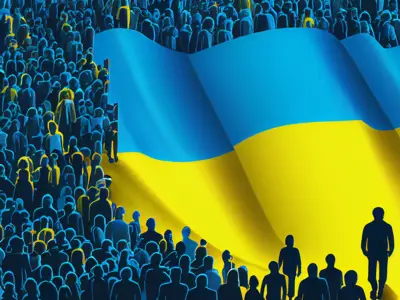 Illustration of a blue and yellow crowd of Ukrainians surrounding their flag.