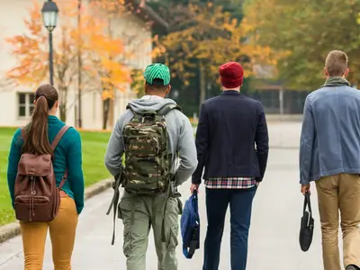 A group of students walks along a tree-lined path, surrounded by autumn-colored foliage.