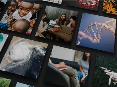 A collage of diverse images showcases healthcare, nature, technology, and human connection.