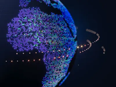 Illustration of the earth as seen from space, with the outline of Africa visible in lights.