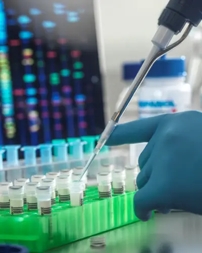 Close up photo of a scientist pipetting liquid into tubes in front of a colorful computer screen