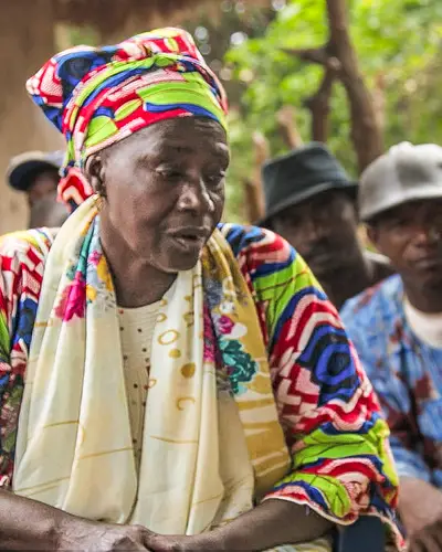Health workers discuss malaria prevention in Guinea.