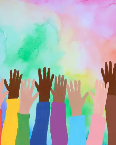 Painting of raised hands of different shades of white, brown, and black with sleeves in rainbow colors.