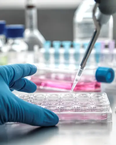 Close up photo of a scientist's hands pipetting liquid in a lab