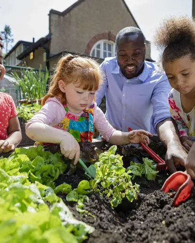 Young children help dig up freshly grown vegetables.