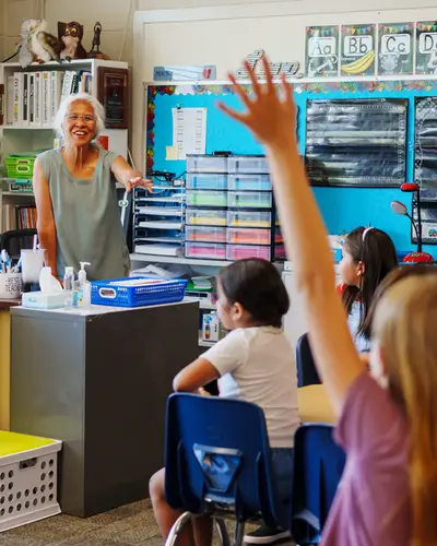 Student raising hand during class room