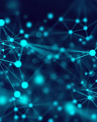 Abstract image of glowing blue dots connected by a network.