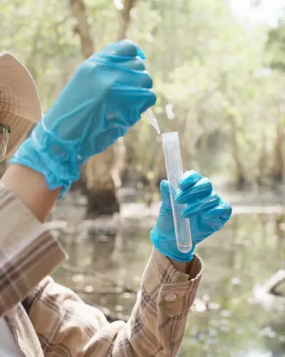 Woman collecting sample of water from swampy body of water