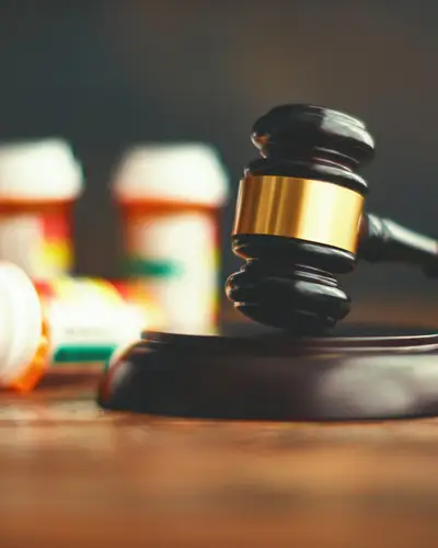 Photo of a gavel and pill bottles