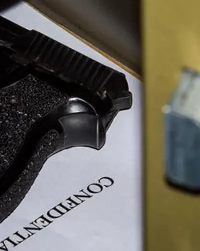 Gun in a safe. Safe door is partially open