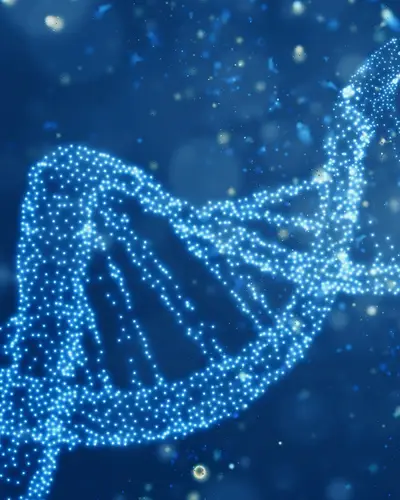 Digital DNA strand representation in blue with particle effects