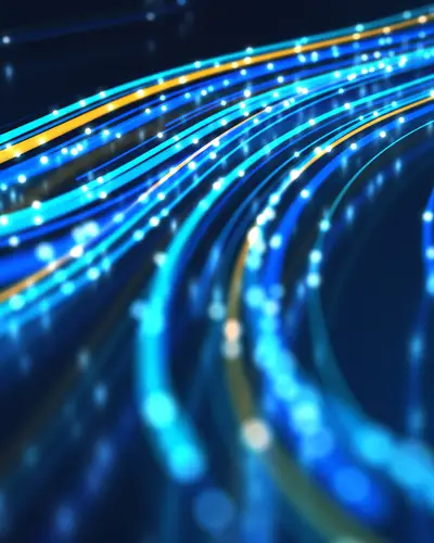 Abstract blue and yellow graphic that visualizes data speed and network