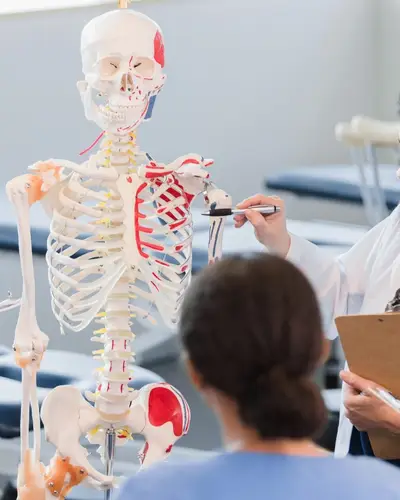 Young adult students in an anatomy class gather around an instructor and a model of a skeleton.