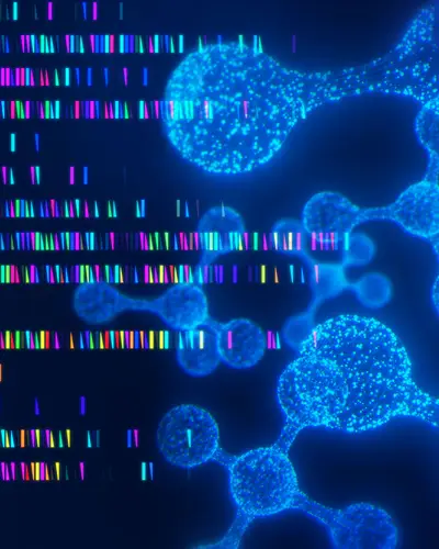 Image of genome sequencing data analysis and a glowing particle molecular structure on black background.