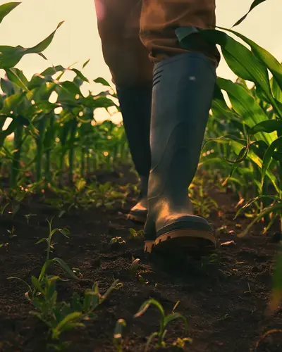 Person wearing rubber boots walking in corn field. Corn plants are short, approximately one or two feet off the ground