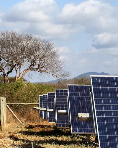Solar panels generate electricity in a field in Kenya.