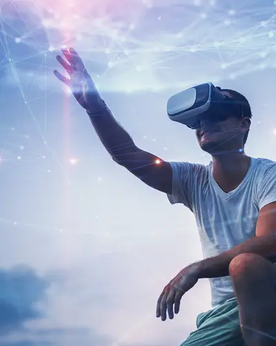 Father and son using virtual reality headsets